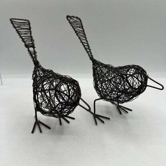 Set Of 2 Handcrafted Black Iron Wire Woven 7" Bird Sculptures Metal Art Decor - Picture 3 of 10